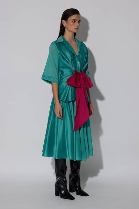 Twinkle Hanspal Green Chanderi Solid Collared Polka Waist Tie-up Shirt With Skirt Online at Aza Fashions Twinkle Hanspal_Green Chanderi Solid Collared Polka Waist Tie-up Shirt With Skirt_Online_at_Aza_Fashions