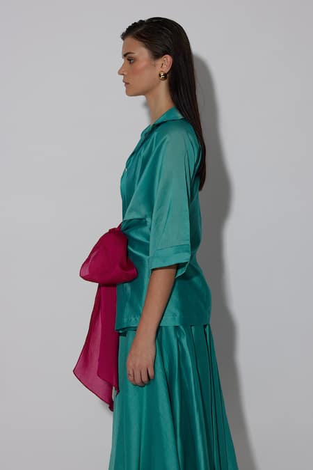 Buy Twinkle Hanspal Green Chanderi Solid Collared Polka Waist Tie-up Shirt With Skirt Online at Aza Fashions Buy_Twinkle Hanspal_Green Chanderi Solid Collared Polka Waist Tie-up Shirt With Skirt_Online_at_Aza_Fashions