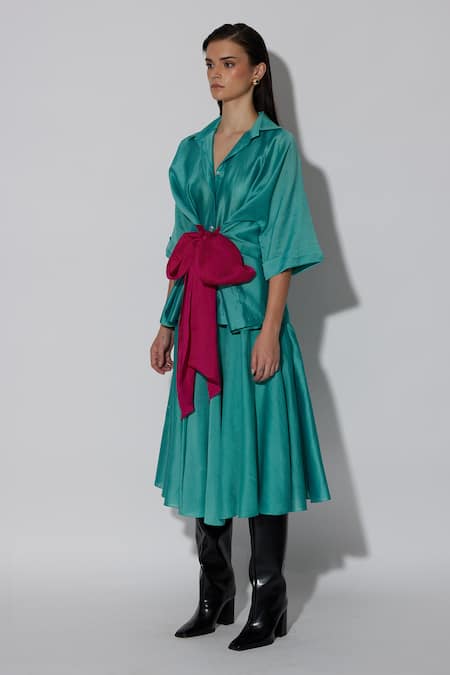 Shop Twinkle Hanspal Green Chanderi Solid Collared Polka Waist Tie-up Shirt With Skirt Online at Aza Fashions Shop_Twinkle Hanspal_Green Chanderi Solid Collared Polka Waist Tie-up Shirt With Skirt_Online_at_Aza_Fashions