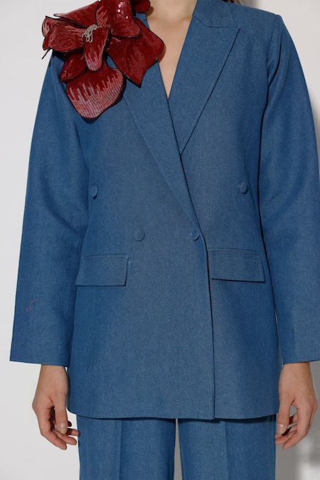 Twinkle Hanspal_Blue Denim Hand Embroidery Sequin Lapel Tiffany 3d Flower Blazer With Pant_Online_at_Aza_Fashions