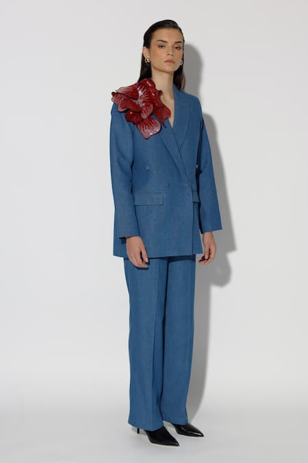Shop_Twinkle Hanspal_Blue Denim Hand Embroidery Sequin Lapel Tiffany 3d Flower Blazer With Pant_Online_at_Aza_Fashions