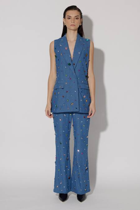 Twinkle Hanspal_Blue Denim Hand Embroidery Crystals Lapel Collar Glory Blazer With Pant_Online_at_Aza_Fashions