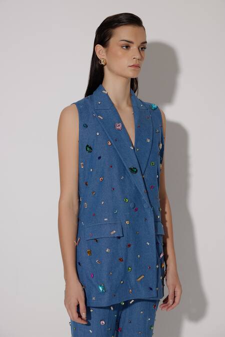 Buy_Twinkle Hanspal_Blue Denim Hand Embroidery Crystals Lapel Collar Glory Blazer With Pant_Online_at_Aza_Fashions