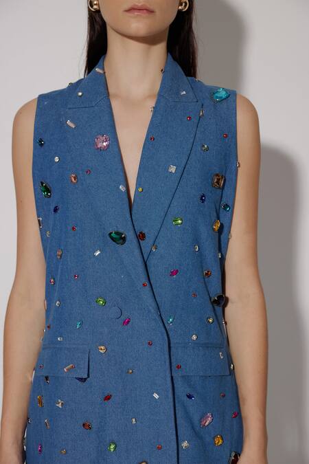 Shop_Twinkle Hanspal_Blue Denim Hand Embroidery Crystals Lapel Collar Glory Blazer With Pant_Online_at_Aza_Fashions