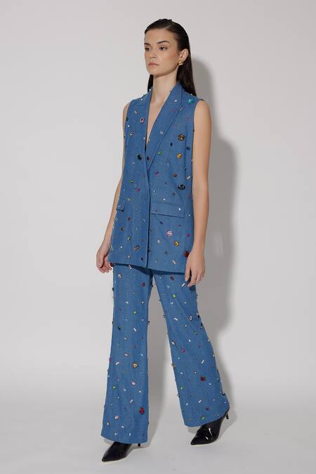 Twinkle Hanspal_Blue Denim Hand Embroidery Crystals Lapel Collar Glory Blazer With Pant_at_Aza_Fashions