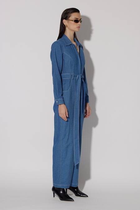 Twinkle Hanspal_Blue Denim Embroidery Thread Collar Aspen Overstitch Jumpsuit_Online_at_Aza_Fashions