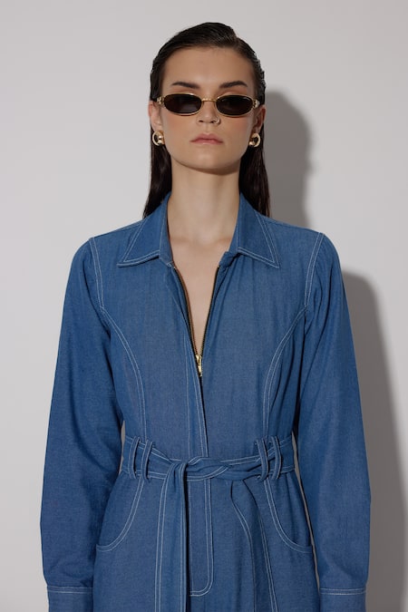 Shop_Twinkle Hanspal_Blue Denim Embroidery Thread Collar Aspen Overstitch Jumpsuit_Online_at_Aza_Fashions