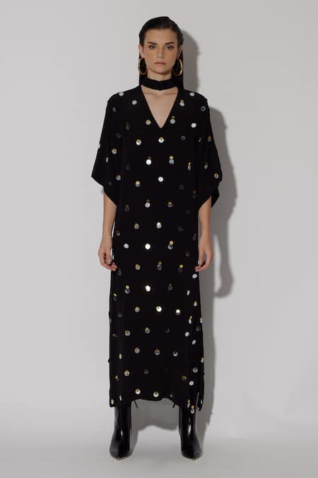 TWINKLE HANSPAL Black Crepe Hand Embroidery Sequin V-neck Raya Boxy Kaftan 