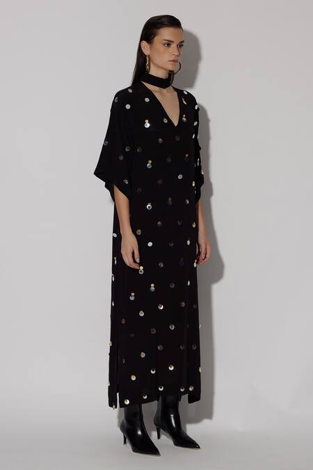 Twinkle Hanspal Black Crepe Sequins V-neck Raya Embroidered Boxy Kaftan Online at Aza Fashions Twinkle Hanspal_Black Crepe Sequins V-neck Raya Embroidered Boxy Kaftan _Online_at_Aza_Fashions