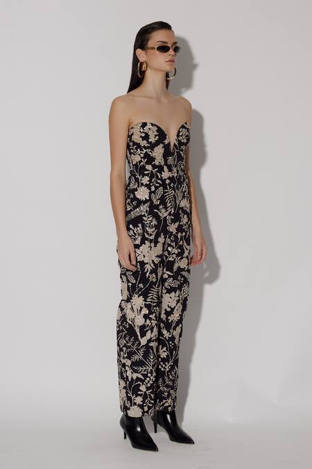 Twinkle Hanspal Multi Color Crepe Print Sequin Sweetheart Noel Floral Embroidered Jumpsuit Online at Aza Fashions Twinkle Hanspal_Multi Color Crepe Print Sequin Sweetheart Noel Floral Embroidered Jumpsuit_Online_at_Aza_Fashions