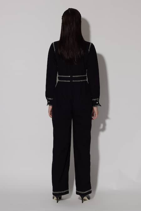 Shop Twinkle Hanspal Black Denim Embroidery Thread Collar Russell Overstitch Jumpsuit at Aza Fashions Shop_Twinkle Hanspal_Black Denim Embroidery Thread Collar Russell Overstitch Jumpsuit_at_Aza_Fashions