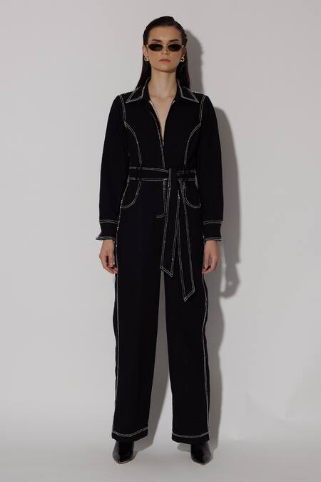 Twinkle Hanspal Black Denim Embroidery Thread Collar Russell Overstitch Jumpsuit Online at Aza Fashions Twinkle Hanspal_Black Denim Embroidery Thread Collar Russell Overstitch Jumpsuit_Online_at_Aza_Fashions