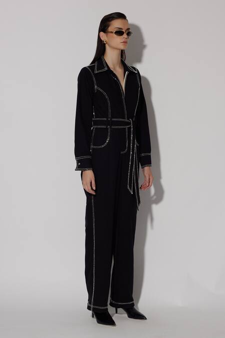 Buy Twinkle Hanspal Black Denim Embroidery Thread Collar Russell Overstitch Jumpsuit Online at Aza Fashions Buy_Twinkle Hanspal_Black Denim Embroidery Thread Collar Russell Overstitch Jumpsuit_Online_at_Aza_Fashions