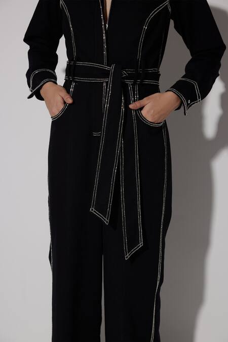 Shop Twinkle Hanspal Black Denim Embroidery Thread Collar Russell Overstitch Jumpsuit Online at Aza Fashions Shop_Twinkle Hanspal_Black Denim Embroidery Thread Collar Russell Overstitch Jumpsuit_Online_at_Aza_Fashions