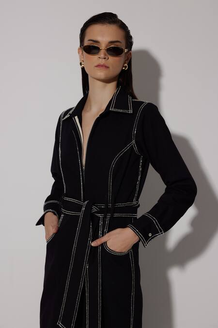 Twinkle Hanspal Black Denim Embroidery Thread Collar Russell Overstitch Jumpsuit at Aza Fashions Twinkle Hanspal_Black Denim Embroidery Thread Collar Russell Overstitch Jumpsuit_at_Aza_Fashions