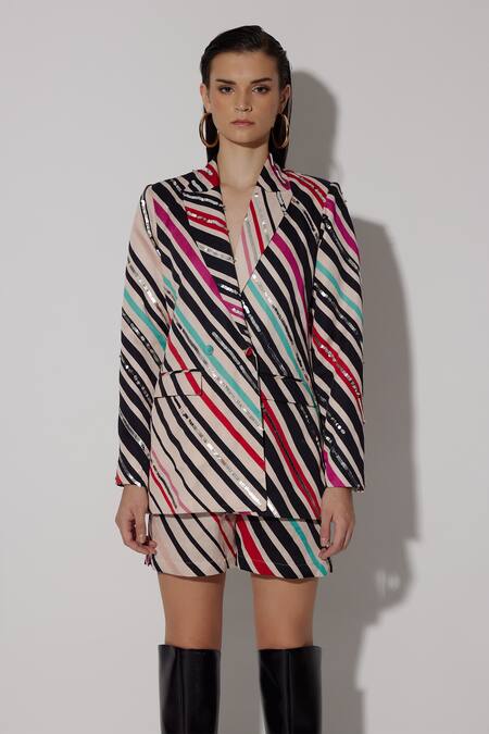 Twinkle Hanspal Multi Color Linen Satin Print Strip Maurene Embroidered Balzer With Shorts 5