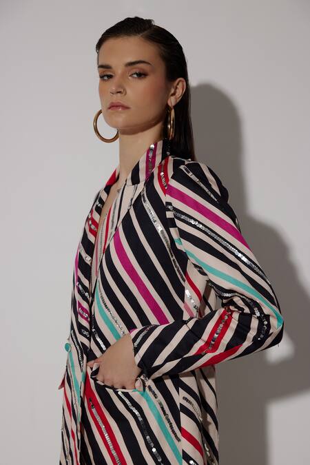 Twinkle Hanspal Multi Color Linen Satin Print Strip Maurene Embroidered Balzer With Shorts 6