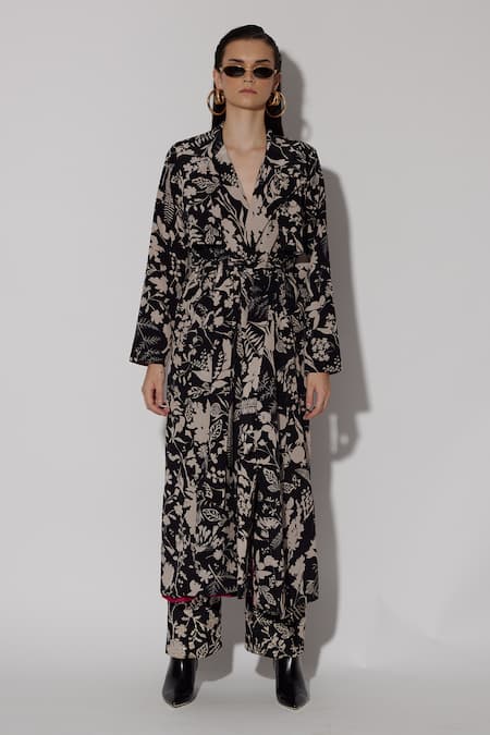 TWINKLE HANSPAL Black Crepe Print Floral Lapel Collar Eugene Flap Trench Coat 