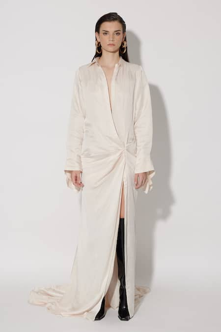 TWINKLE HANSPAL Ivory Linen Satin Collar Heidi High Slit Draped Trail Dress 