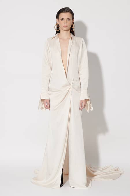 Twinkle Hanspal_Ivory Linen Satin Collar Heidi High Slit Draped Trail Dress_Online_at_Aza_Fashions