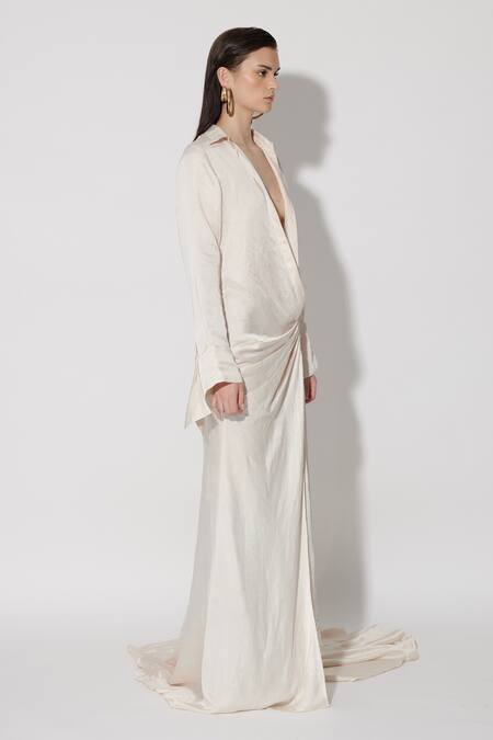 Buy_Twinkle Hanspal_Ivory Linen Satin Collar Heidi High Slit Draped Trail Dress_Online_at_Aza_Fashions