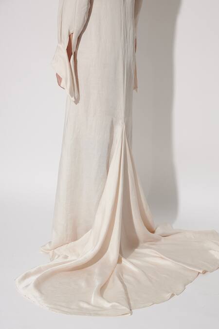 Shop_Twinkle Hanspal_Ivory Linen Satin Collar Heidi High Slit Draped Trail Dress_Online_at_Aza_Fashions