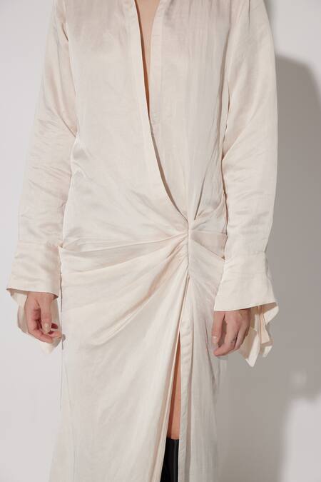 Twinkle Hanspal_Ivory Linen Satin Collar Heidi High Slit Draped Trail Dress_at_Aza_Fashions