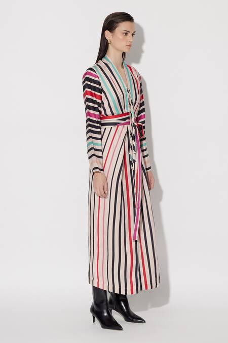 Twinkle Hanspal_Multi Color Linen Satin Print Stripe V-neck Dylan Tie Up Dress_Online_at_Aza_Fashions