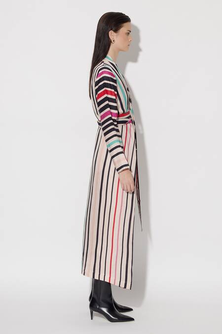 Buy_Twinkle Hanspal_Multi Color Linen Satin Print Stripe V-neck Dylan Tie Up Dress_Online_at_Aza_Fashions