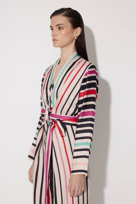 Shop_Twinkle Hanspal_Multi Color Linen Satin Print Stripe V-neck Dylan Tie Up Dress_Online_at_Aza_Fashions