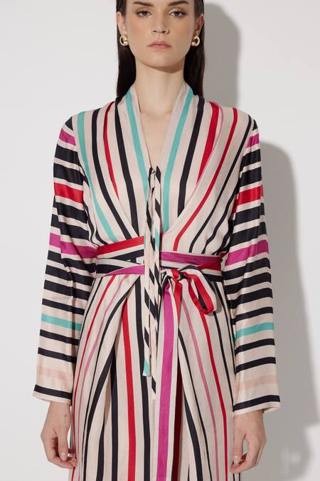 Twinkle Hanspal_Multi Color Linen Satin Print Stripe V-neck Dylan Tie Up Dress_at_Aza_Fashions