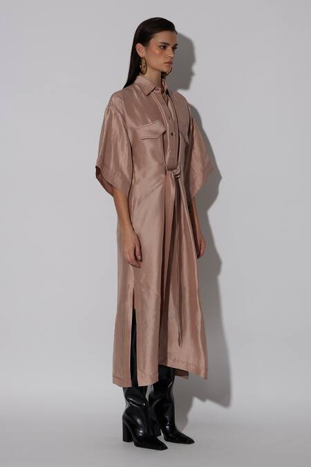 Twinkle Hanspal_Rose Gold Silk Embroidery Thread Collar Alesso Boxy Dress_Online_at_Aza_Fashions