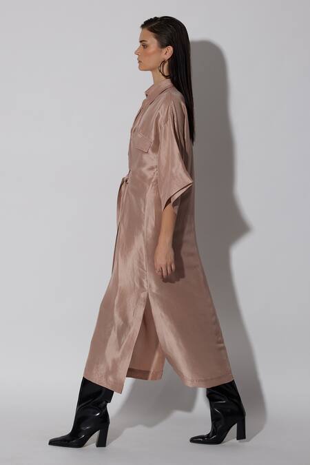 Shop_Twinkle Hanspal_Rose Gold Silk Embroidery Thread Collar Alesso Boxy Dress_Online_at_Aza_Fashions