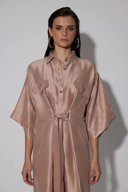 Twinkle Hanspal_Rose Gold Silk Embroidery Thread Collar Alesso Boxy Dress_at_Aza_Fashions