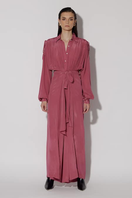 TWINKLE HANSPAL Pink Crepe Collar Sarah Overlap Wrap Drawstring Jumpsuit 