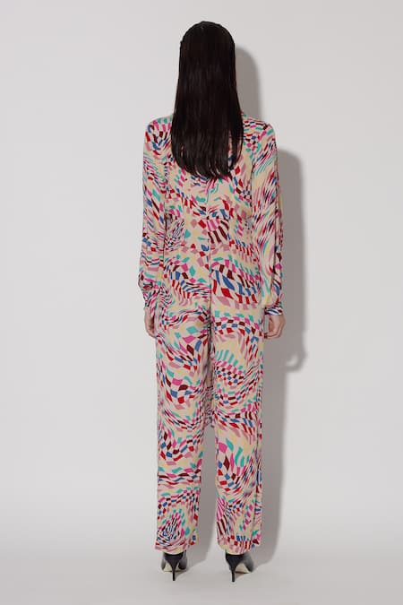Shop Twinkle Hanspal Rose Gold Crepe Collared Eden Mosaic Print Tie Up Jumpsuit at Aza Fashions Shop_Twinkle Hanspal_Rose Gold Crepe Collared Eden Mosaic Print Tie Up Jumpsuit_at_Aza_Fashions