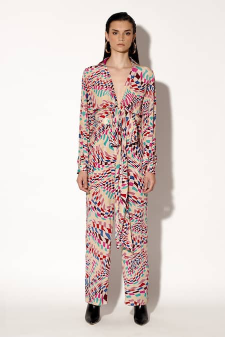 Twinkle Hanspal Rose Gold Crepe Collared Eden Mosaic Print Tie Up Jumpsuit Online at Aza Fashions Twinkle Hanspal_Rose Gold Crepe Collared Eden Mosaic Print Tie Up Jumpsuit_Online_at_Aza_Fashions