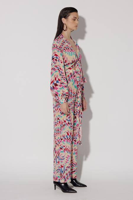 Buy Twinkle Hanspal Rose Gold Crepe Collared Eden Mosaic Print Tie Up Jumpsuit Online at Aza Fashions Buy_Twinkle Hanspal_Rose Gold Crepe Collared Eden Mosaic Print Tie Up Jumpsuit_Online_at_Aza_Fashions