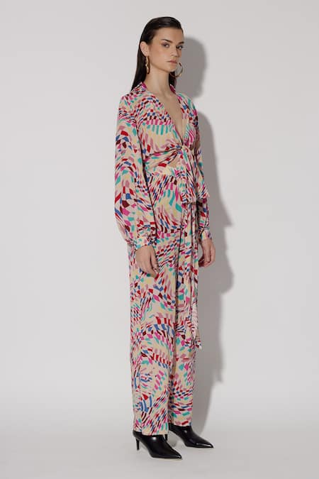 Shop Twinkle Hanspal Rose Gold Crepe Collared Eden Mosaic Print Tie Up Jumpsuit Online at Aza Fashions Shop_Twinkle Hanspal_Rose Gold Crepe Collared Eden Mosaic Print Tie Up Jumpsuit_Online_at_Aza_Fashions