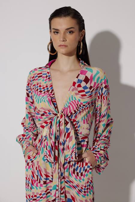 Twinkle Hanspal Rose Gold Crepe Collared Eden Mosaic Print Tie Up Jumpsuit at Aza Fashions Twinkle Hanspal_Rose Gold Crepe Collared Eden Mosaic Print Tie Up Jumpsuit_at_Aza_Fashions