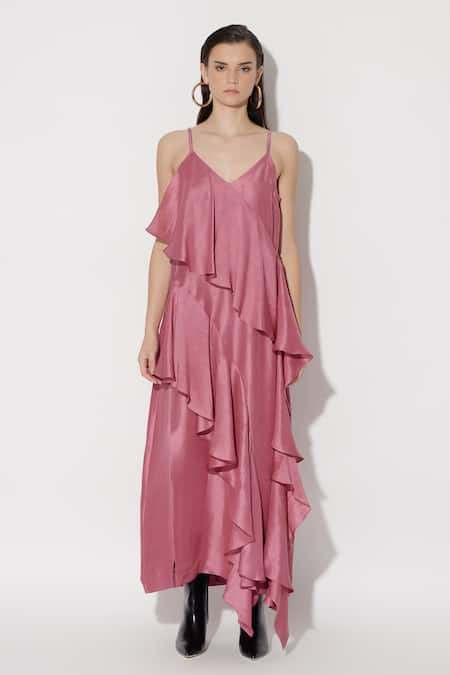 TWINKLE HANSPAL Pink Silk V-neck Pixie Ruffle Panelled Dress 