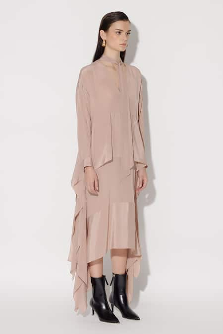 TWINKLE HANSPAL Rose Gold Crepe Tie Up Rachel Ruffle Draped Asymmetric Dress 