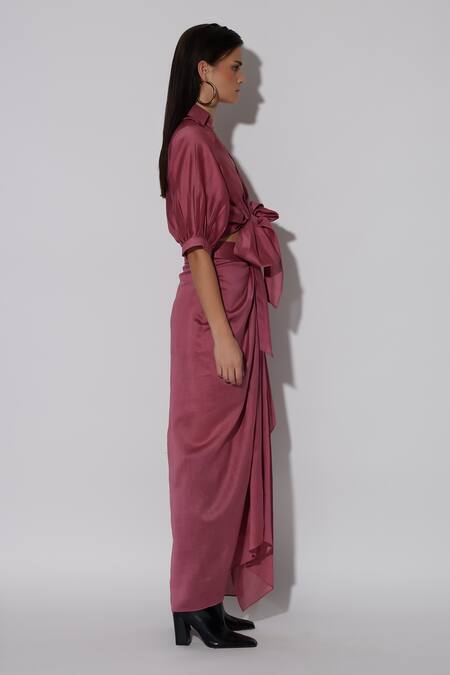 Twinkle Hanspal_Pink Chanderi Collared Cairo Tie Up Shirt With Draped Skirt_Online_at_Aza_Fashions