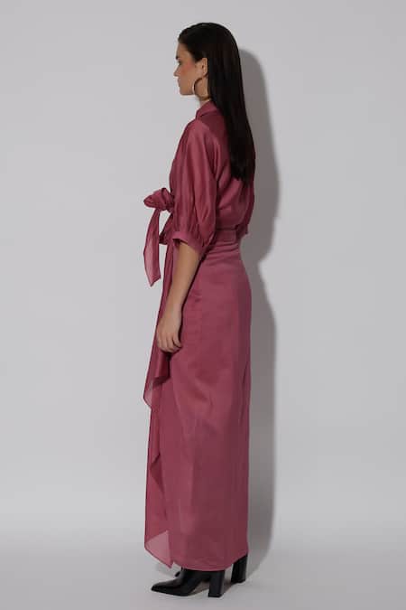 Buy_Twinkle Hanspal_Pink Chanderi Collared Cairo Tie Up Shirt With Draped Skirt_Online_at_Aza_Fashions