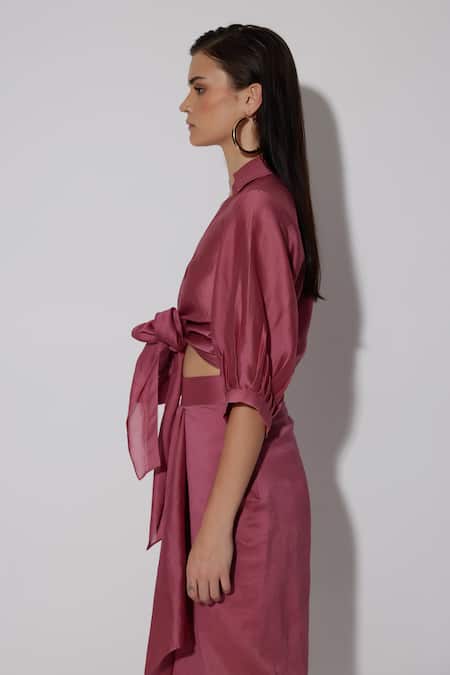 Shop_Twinkle Hanspal_Pink Chanderi Collared Cairo Tie Up Shirt With Draped Skirt_Online_at_Aza_Fashions