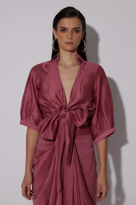 Twinkle Hanspal_Pink Chanderi Collared Cairo Tie Up Shirt With Draped Skirt_at_Aza_Fashions