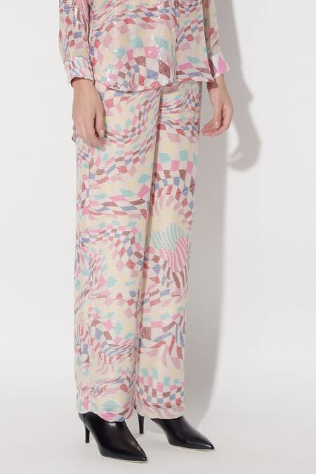 Twinkle Hanspal_Multi Color Georgette Sequins Blair Mosaic Print High Low Shirt With Pant_Online_at_Aza_Fashions