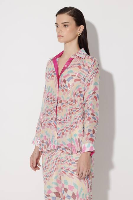 Shop_Twinkle Hanspal_Multi Color Georgette Sequins Blair Mosaic Print High Low Shirt With Pant_Online_at_Aza_Fashions