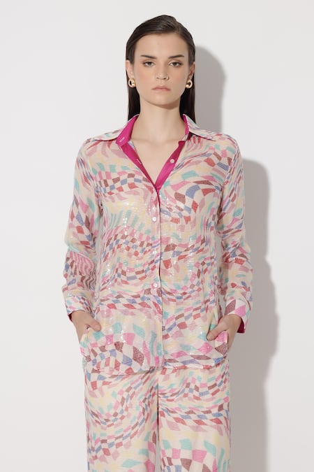 Twinkle Hanspal_Multi Color Georgette Sequins Blair Mosaic Print High Low Shirt With Pant_at_Aza_Fashions