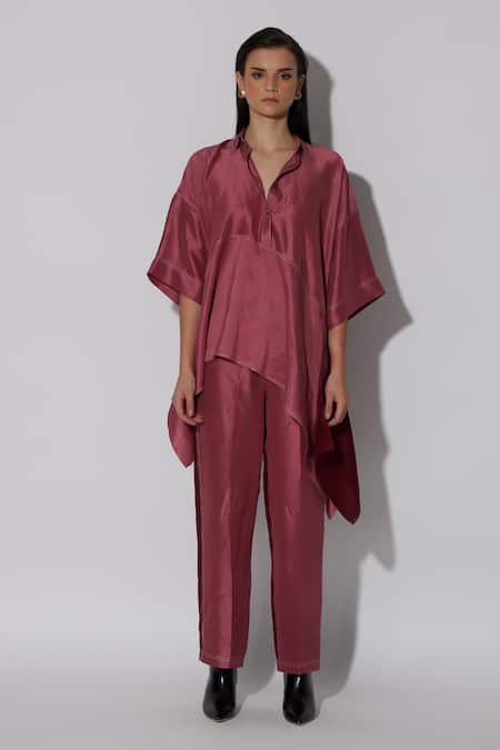 TWINKLE HANSPAL Maroon Silk Collar Jasper Color Block Asymmetric Shirt With Pant 